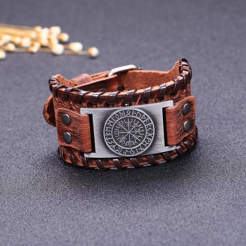 HAQUIL Viking Bracelet for Men, Viking Runes Vegvisir Icelandic Compass Talisman, Nordic Brown Wide Leather Wristband, Norse Jewelry Gifts - Image 3